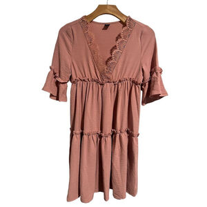 Shein Pink Tunic Dress XS Ruffled Lace Trim A Line Mini